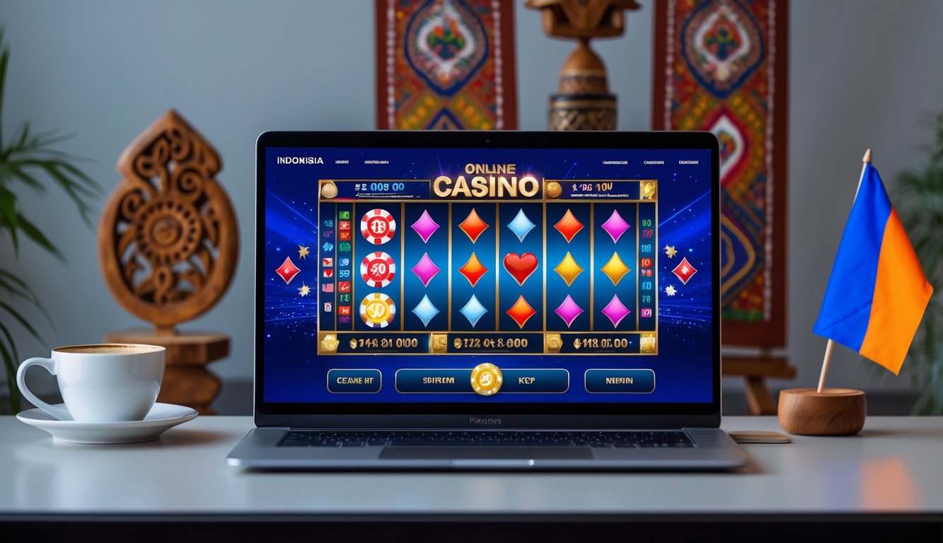 Seorang pengguna sedang bermain kasino online di laptop dengan latar belakang elemen budaya Indonesia seperti batik dan ukiran kayu.