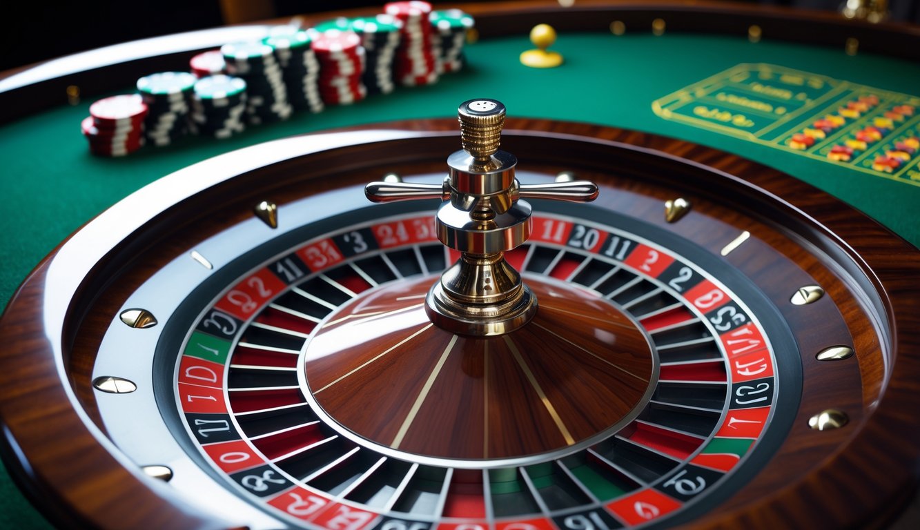 Meja roulette kasino dengan roda roulette yang sedang berputar dan bola putih kecil di atasnya, dikelilingi oleh tumpukan chip taruhan berwarna-warni.