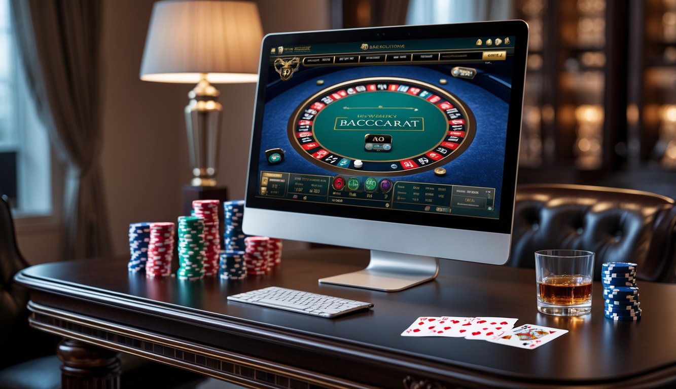 Meja baccarat online dengan layar komputer menampilkan permainan baccarat dan beberapa chip poker serta kartu di atas meja kayu gelap.