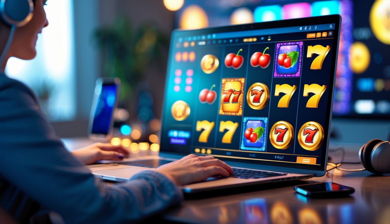 Sebuah komputer menampilkan permainan mesin slot online dengan simbol warna-warni di layar di ruang kerja yang nyaman.