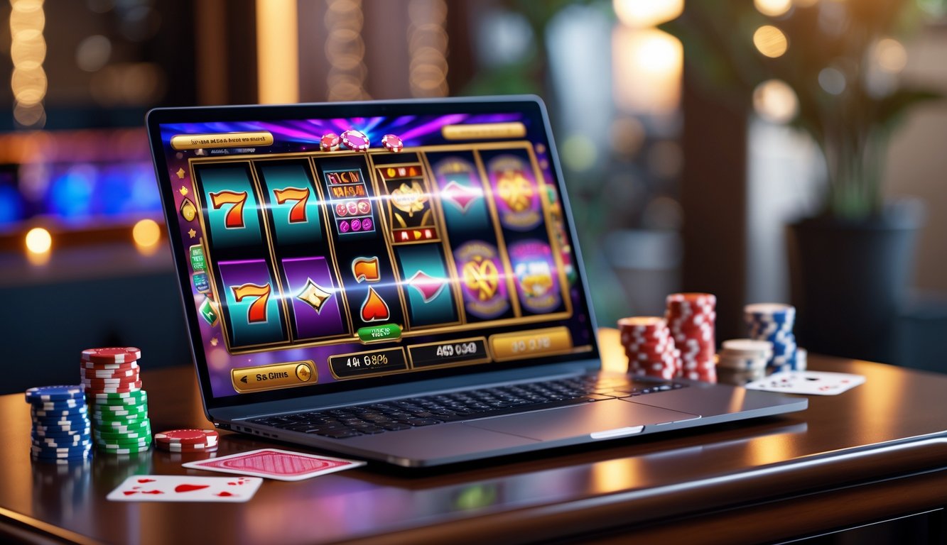 Sebuah laptop modern dengan permainan kasino online di layar, dikelilingi oleh chip poker, kartu remi, dan dadu di atas meja kayu.