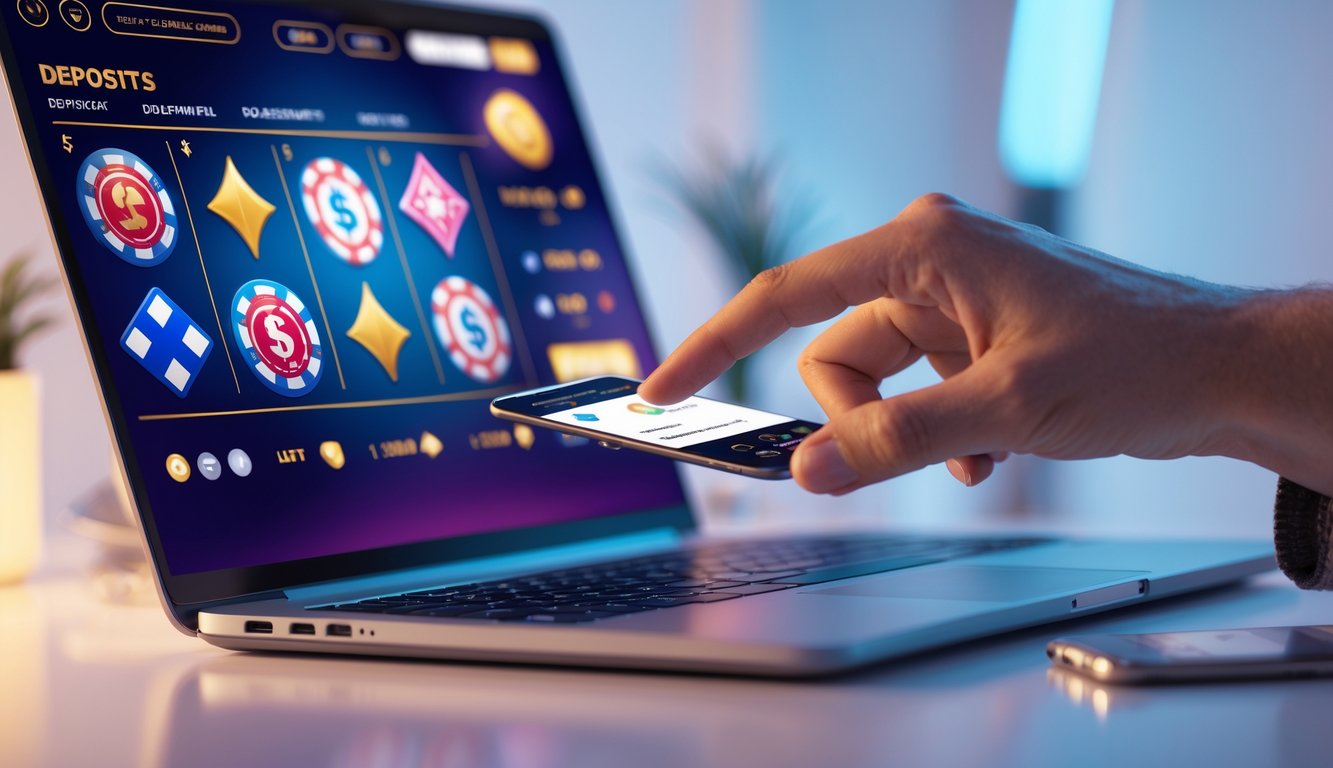 Tangan menggunakan ponsel dengan tampilan permainan kasino online dan simbol pembayaran digital.