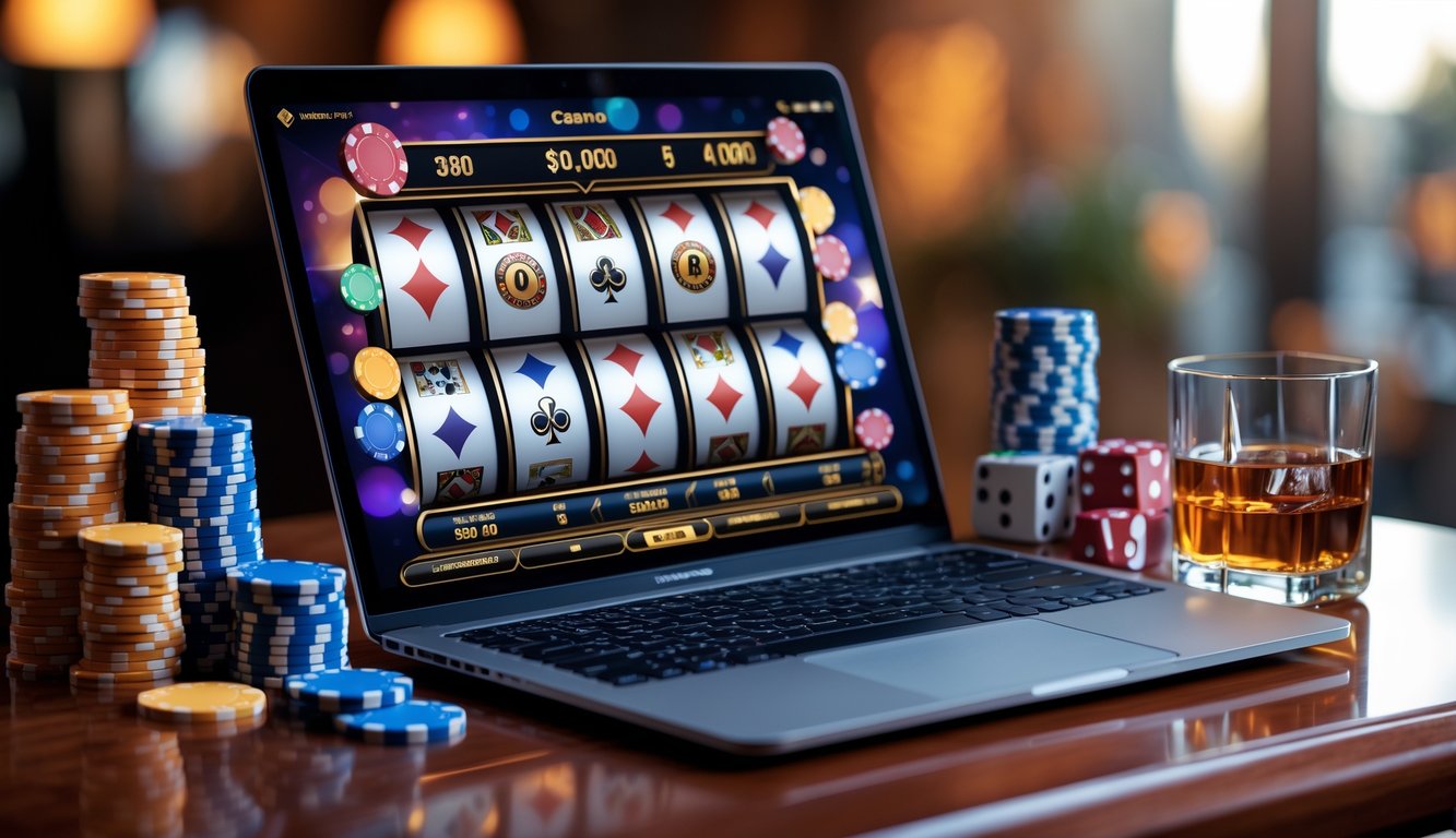 Sebuah laptop dengan tampilan permainan kasino online dan beberapa chip poker serta dadu di atas meja kayu.