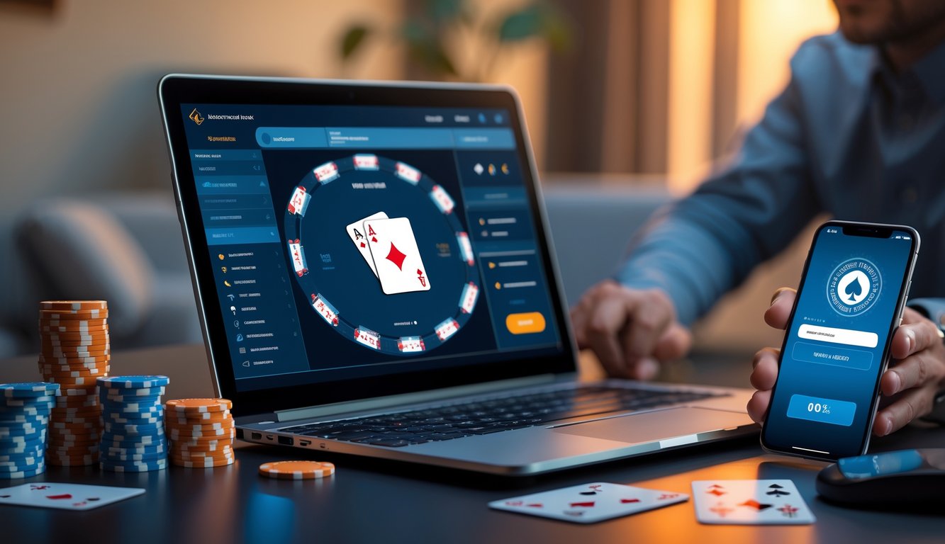 Seseorang bermain poker online di laptop dengan chip poker dan kartu di meja, di ruang kerja yang nyaman.
