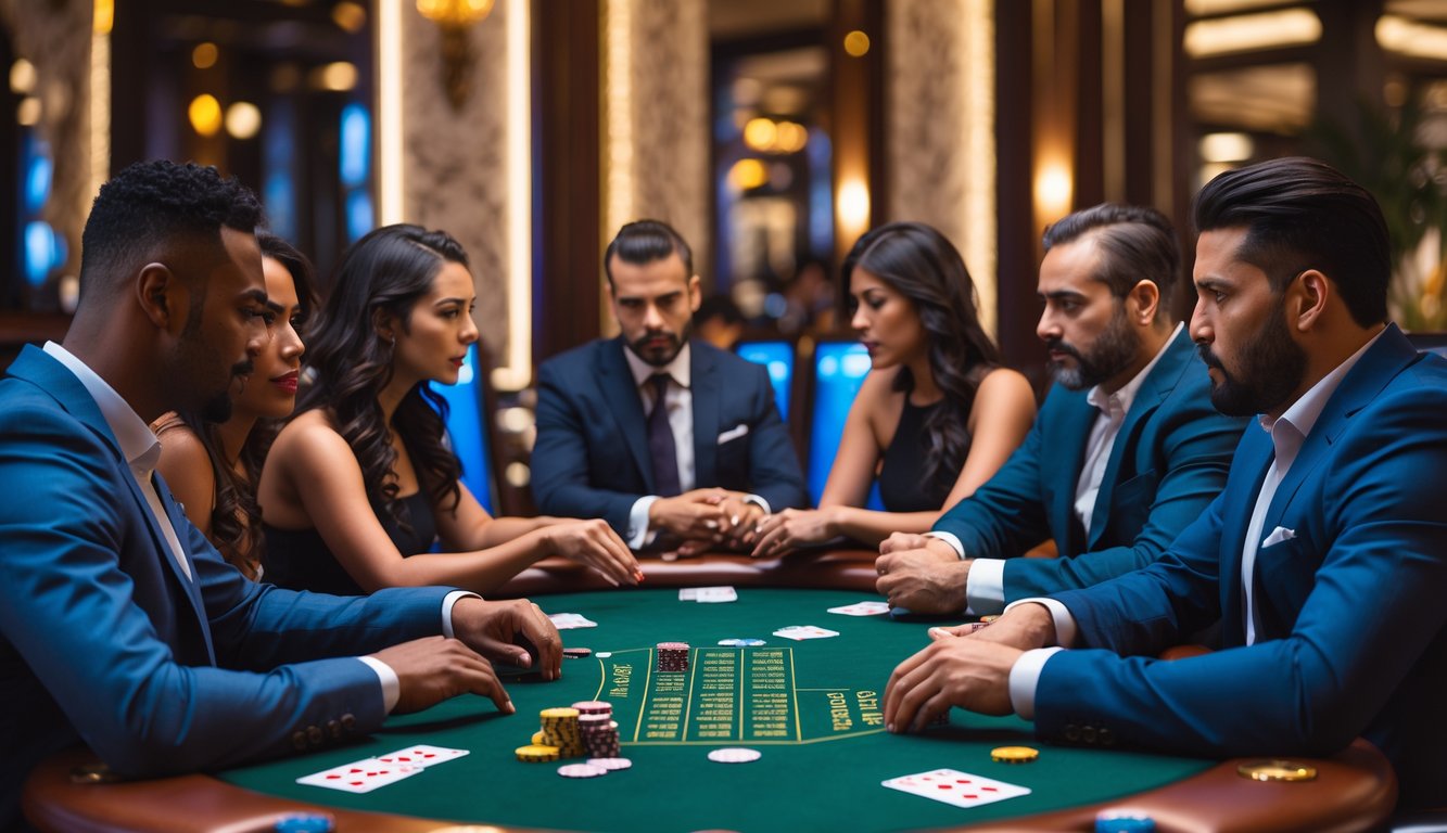 Sekelompok orang dewasa bermain poker di meja kasino dengan chip dan kartu, suasana mewah dan serius.