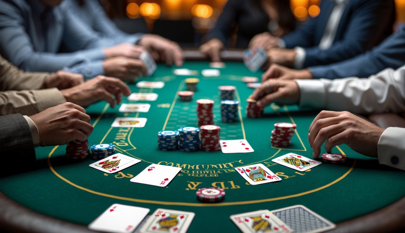 Meja poker Texas Hold'em dengan chip dan kartu yang sedang dimainkan oleh beberapa pemain.