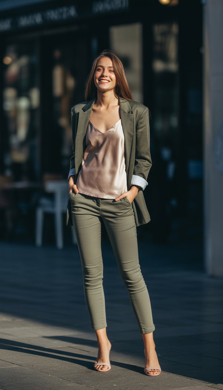 A young woman standing outdoors on a city street, wearing a blazer and pants, looking relaxed and confident.