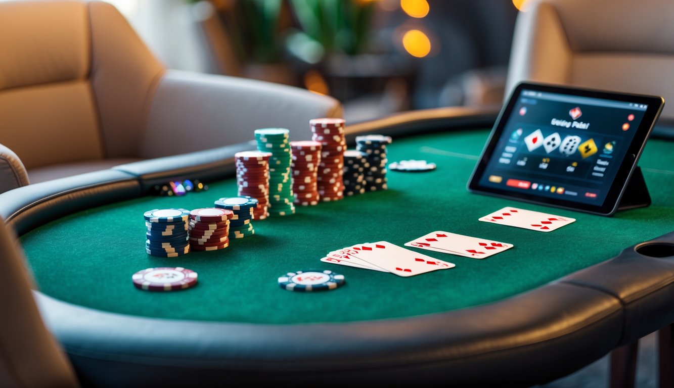 Meja poker online dengan chip, kartu, dan perangkat digital di atas meja hijau.