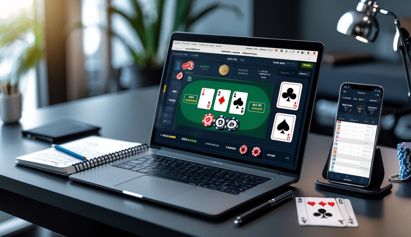 Meja kerja dengan laptop yang menampilkan permainan poker online, buku catatan dengan catatan strategi, dan beberapa chip serta kartu poker di sekitar.