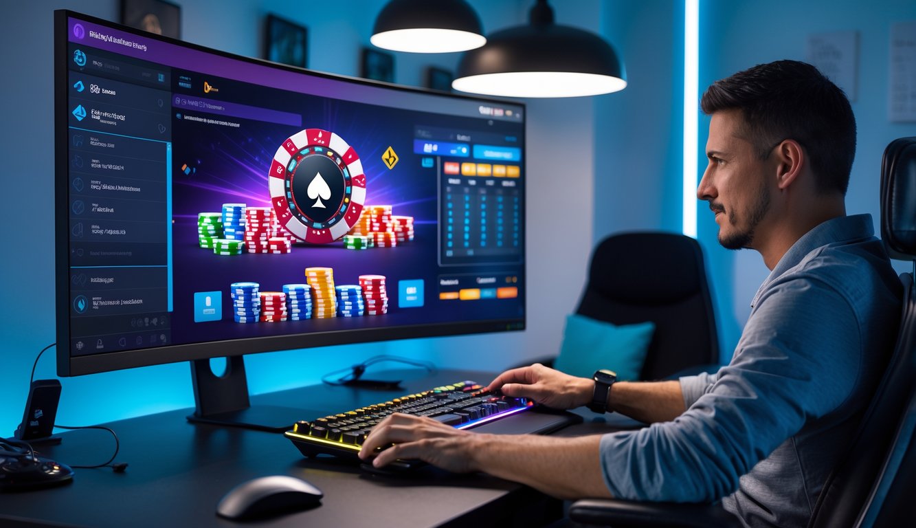 Seorang pemain poker online duduk di depan komputer dengan layar menampilkan permainan poker dan tumpukan chip di meja.