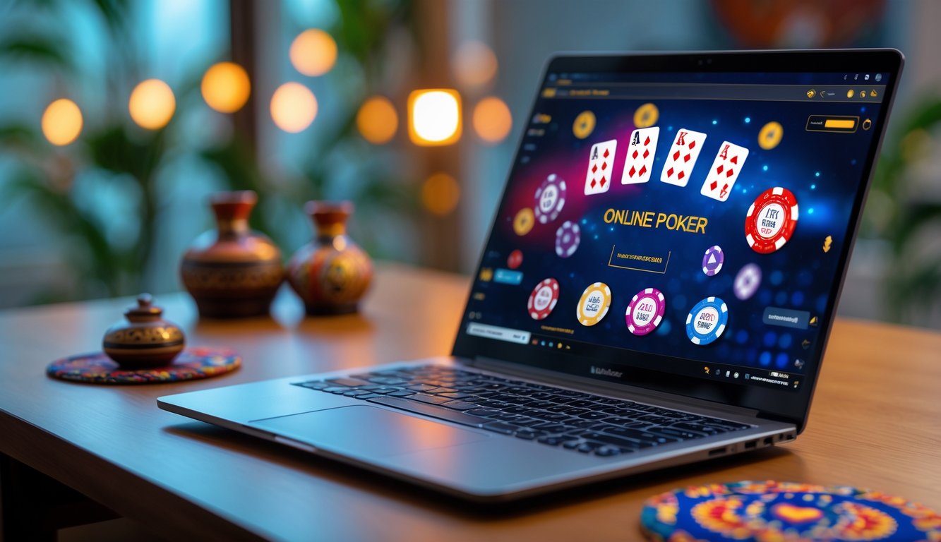 Seorang pemain poker online menggunakan laptop di meja dengan latar belakang dekorasi khas Indonesia.