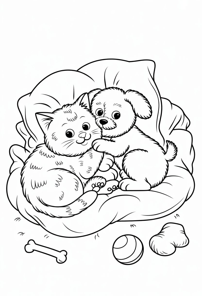 Cozy Friends Coloring Pages A Perfect List of 15 Relaxing Designs 7 A cat and a dog snuggling together on a blanket with a pillow and toys around them.