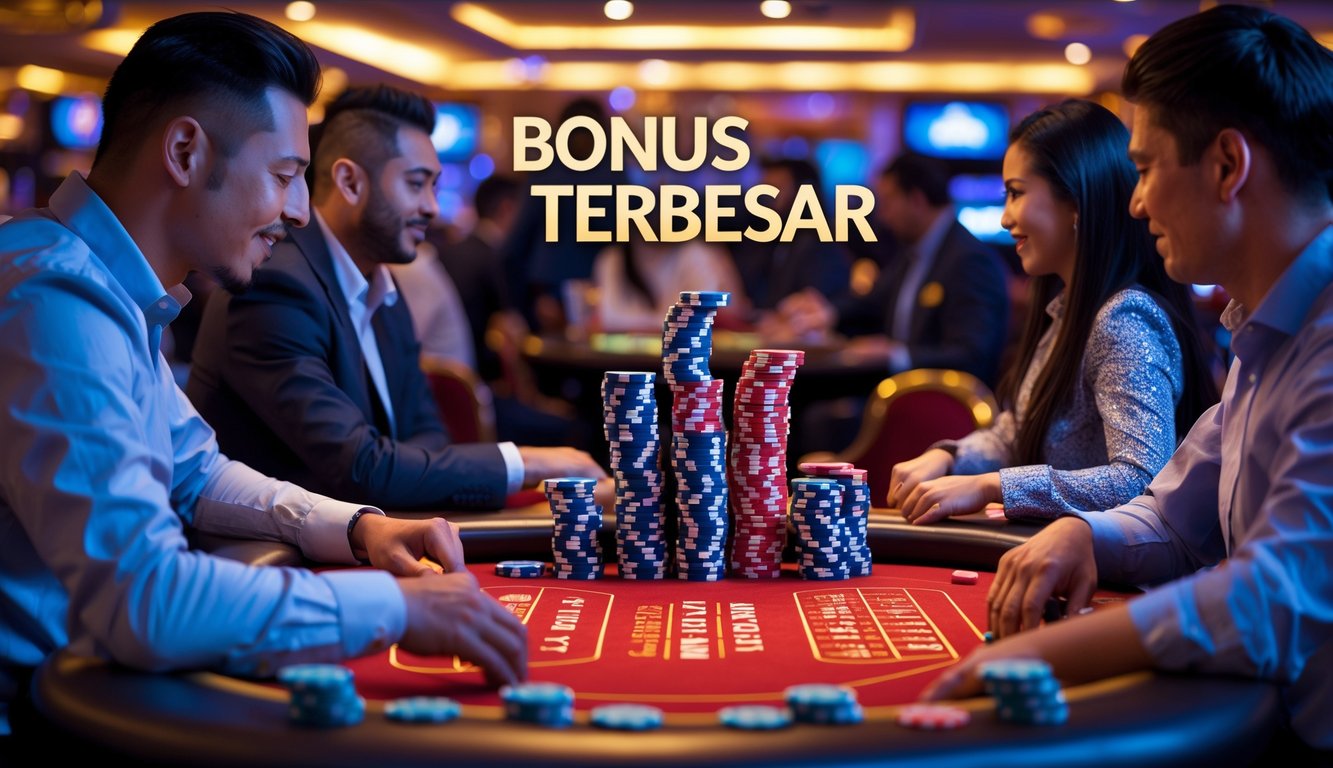 Meja poker dengan pemain yang sedang bermain dan tumpukan chip besar di suasana kasino yang mewah.