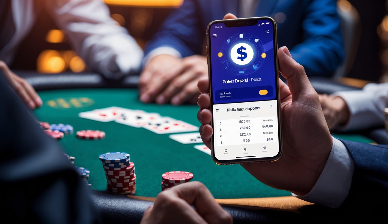 Tangan seseorang memegang ponsel dengan aplikasi pembayaran digital di depan meja poker dengan chip dan kartu bermain.