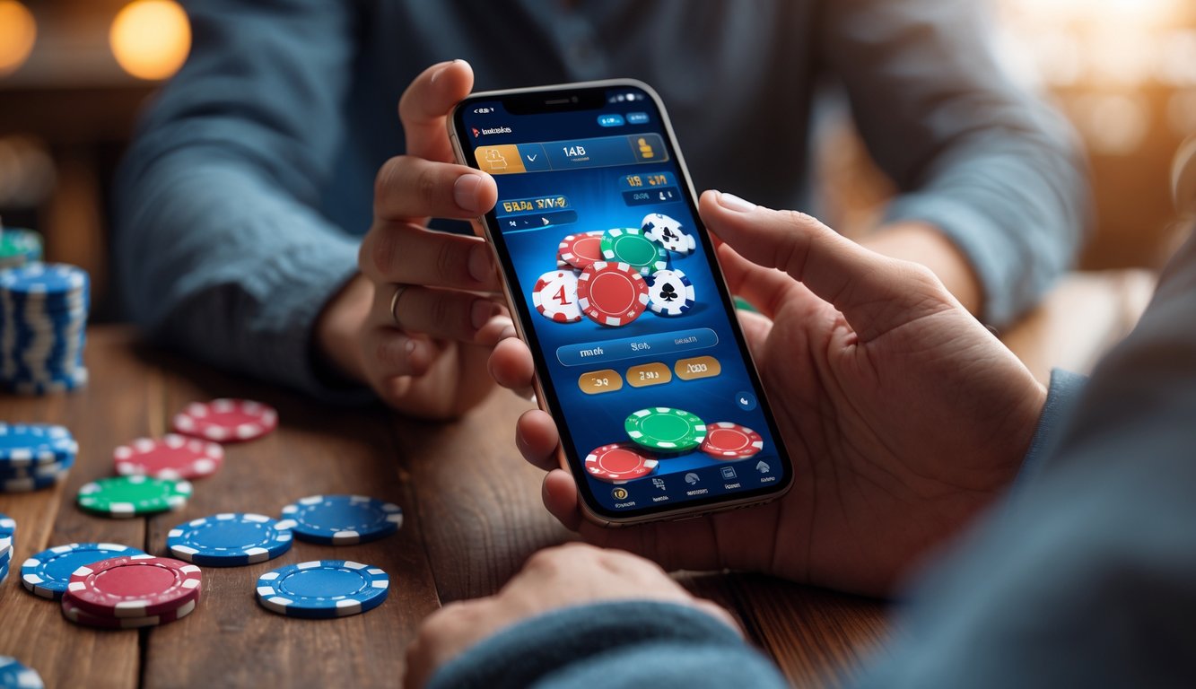 Seseorang sedang bermain poker online menggunakan ponsel di meja kayu dengan chip poker dan kartu di sekitarnya.