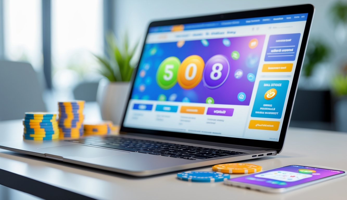 Suasana ruang kerja modern dengan laptop dan tiket lotre di atas meja, menampilkan aktivitas permainan lotre online.