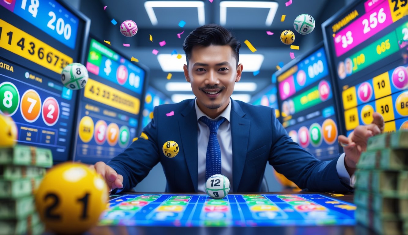 Seorang pria berpakaian rapi di kantor modern dengan layar digital menampilkan angka lotere dan simbol hadiah besar.