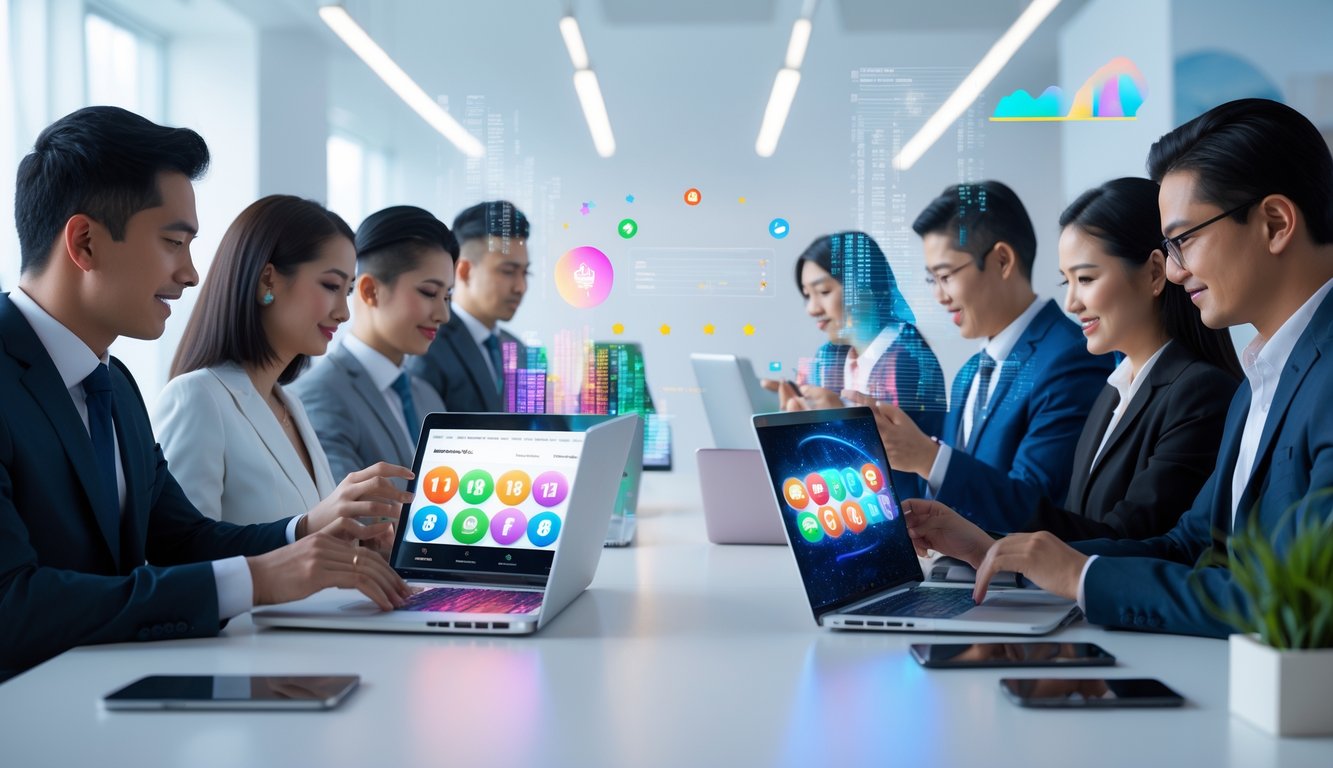 Orang-orang di kantor modern menggunakan laptop dan ponsel untuk bermain lotere online dengan suasana yang profesional dan cerah.