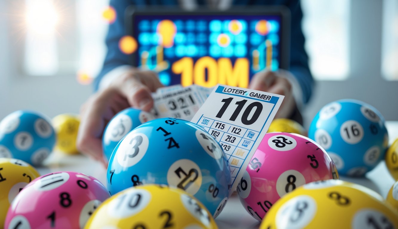 Seseorang memegang tiket lotere dengan bola lotere bernomor di meja yang terang dan bersih.