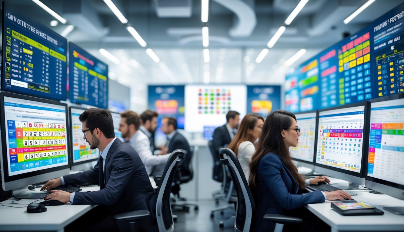 Orang-orang di kantor modern sedang melihat hasil togel dan data pada layar komputer.