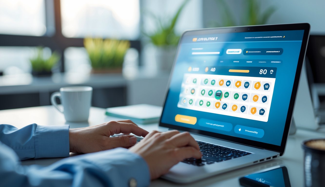 Orang sedang menggunakan laptop di meja kantor dengan tampilan situs lotre digital di layar.