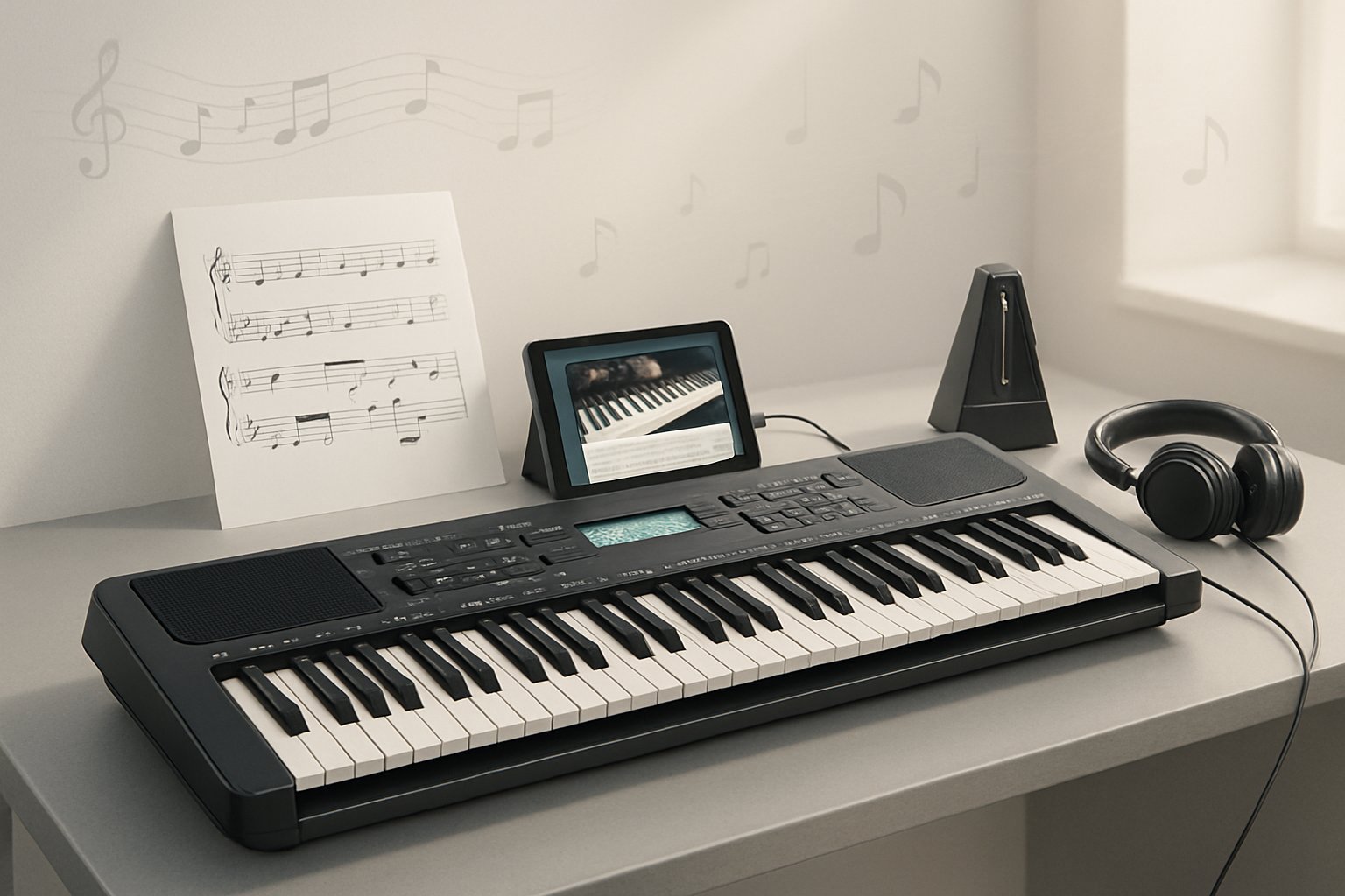 Een Yamaha PSR-E383 keyboard op een bureau met muziekleermaterialen eromheen, zoals bladmuziek, een tablet, koptelefoon en een metronoom.