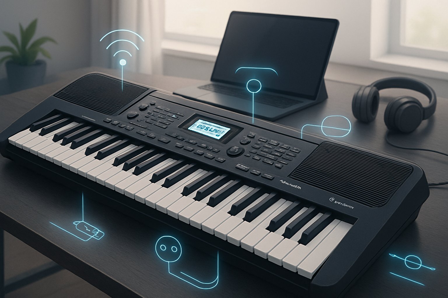 Een Yamaha PSR-E383 keyboard op een bureau met een laptop en koptelefoon ernaast, met symbolen die connectiviteit en praktische functies voorstellen.