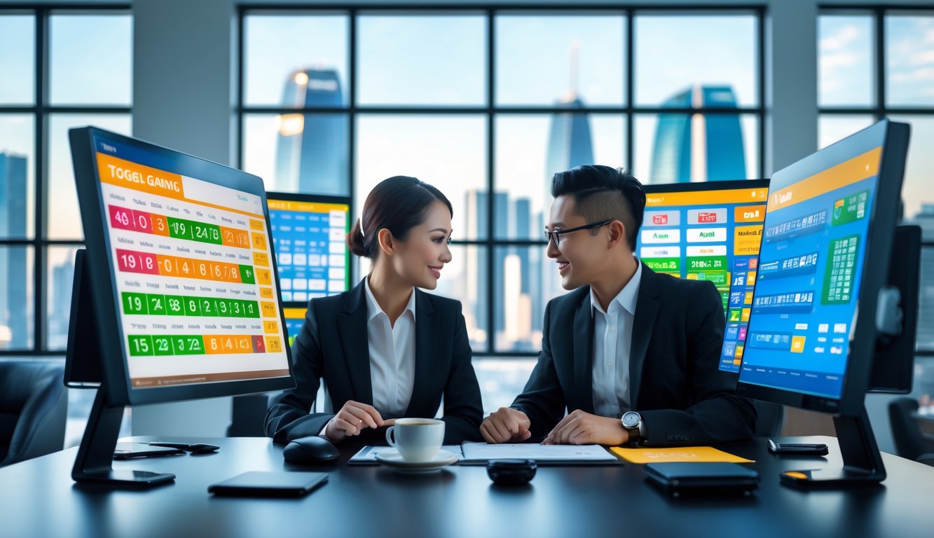 Seorang pria dan wanita bekerja bersama di kantor modern dengan layar komputer menampilkan angka togel dan grafik, latar belakang kota futuristik terlihat melalui jendela besar.