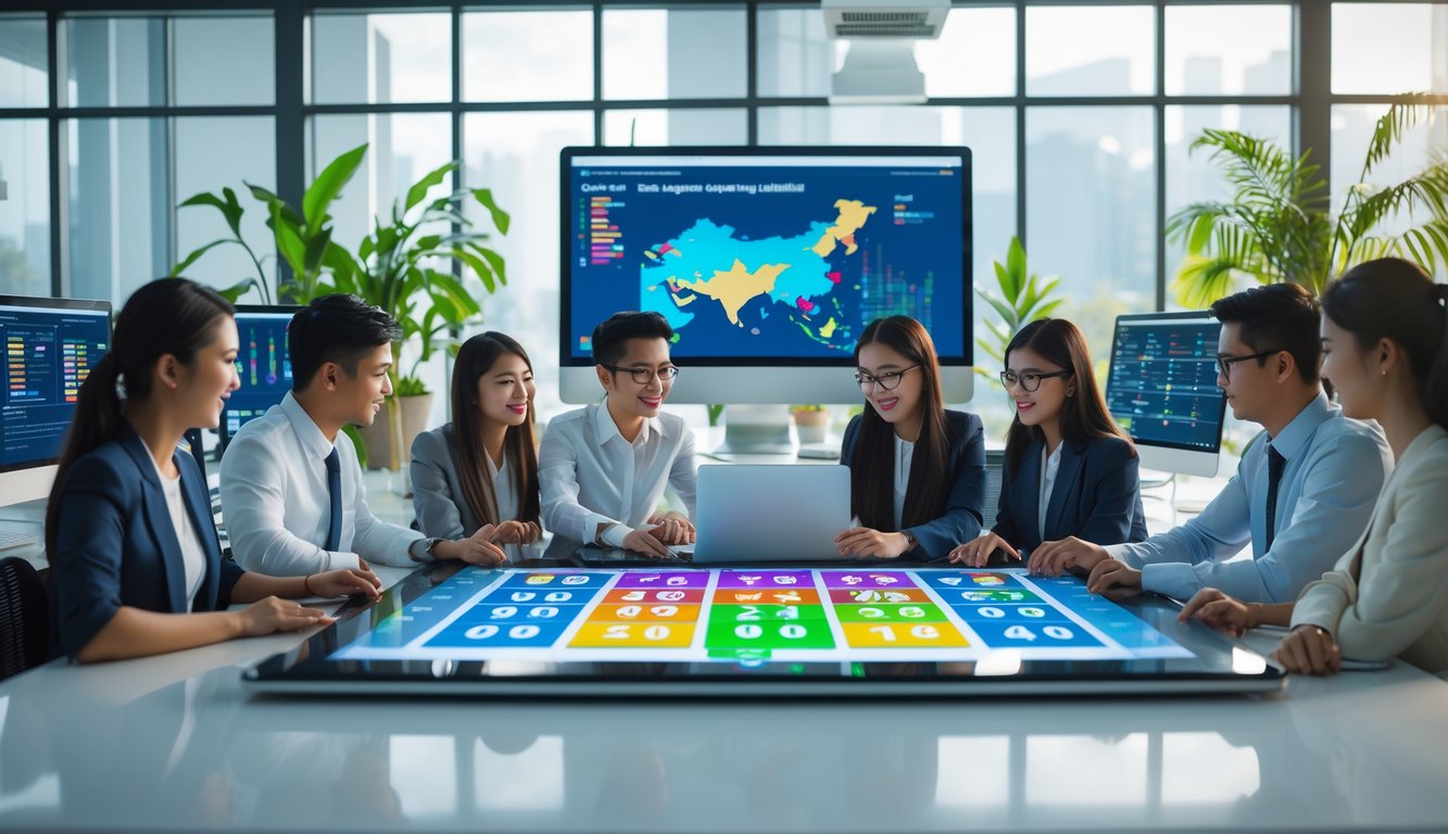Sekelompok profesional muda bekerja bersama di kantor modern dengan layar digital menampilkan angka togel dan grafik, suasana cerah dan dinamis.