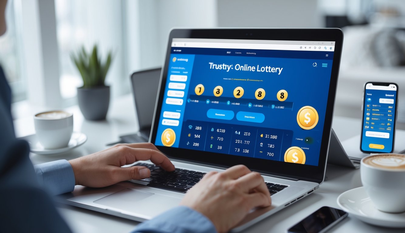 Seseorang menggunakan laptop di meja kerja dengan tampilan situs lotere online, dikelilingi oleh smartphone dan cangkir kopi.