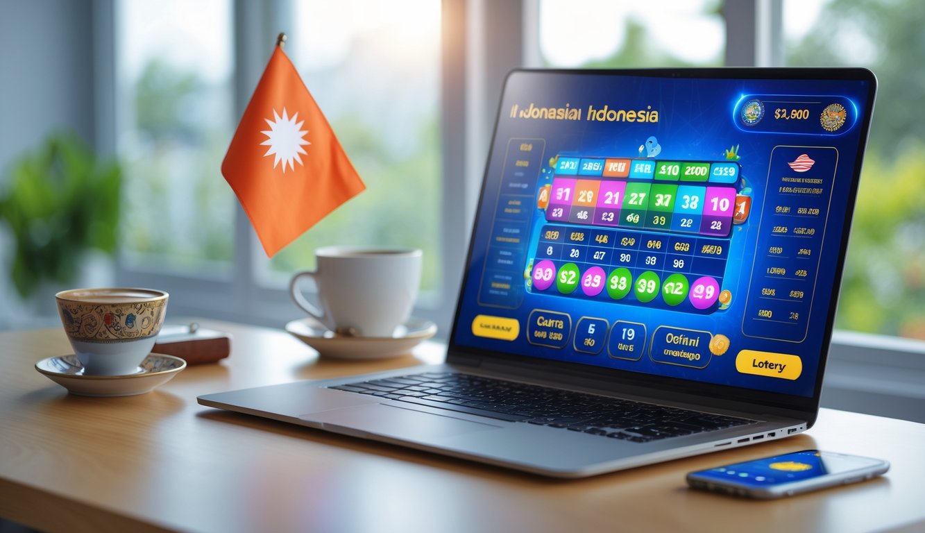 Meja kerja modern dengan laptop yang menampilkan antarmuka lotere, bendera kecil Indonesia, dan ponsel di sampingnya.