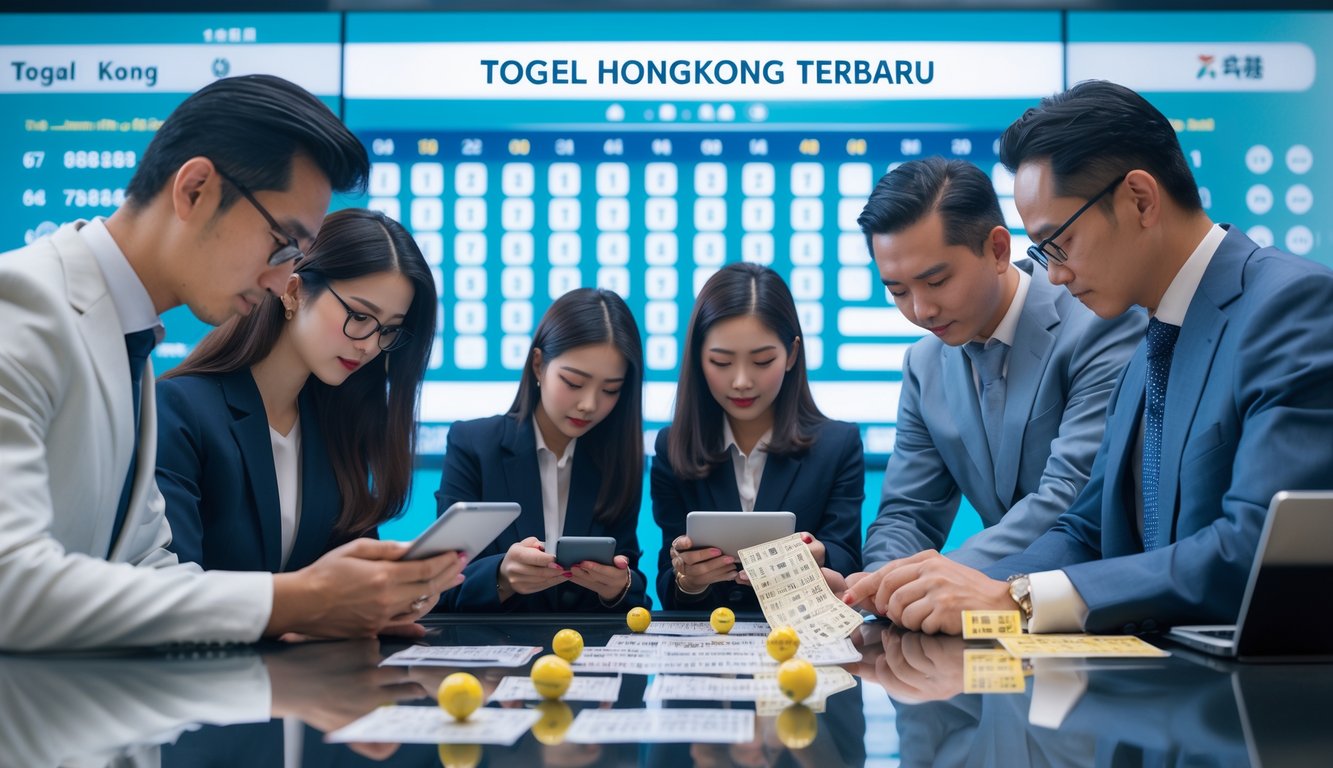 Sekelompok orang yang sedang menganalisis tiket lotere dan menggunakan perangkat elektronik di lingkungan yang terang dan modern.