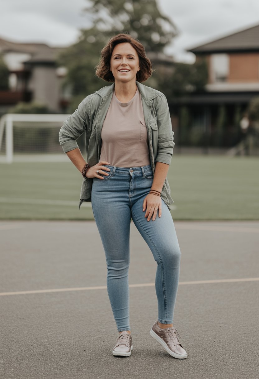 A woman standing outdoors in casual clothes, posing for a full-body photo in a park-like setting.