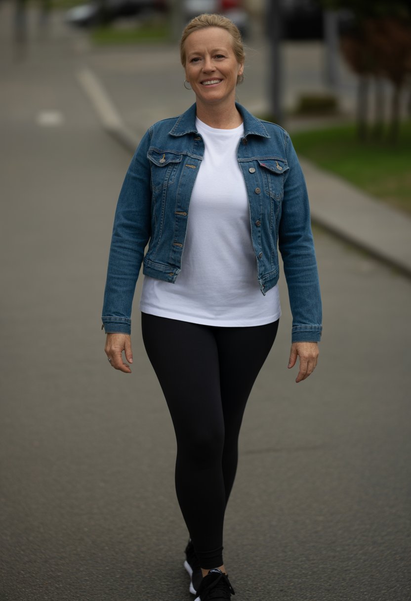 A woman standing outdoors on a sidewalk, wearing a denim jacket, white t-shirt, and black leggings.