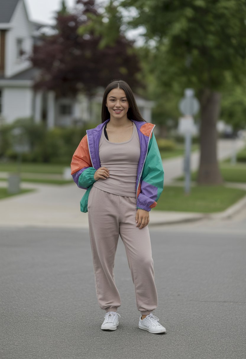 A young woman standing outdoors on a sidewalk, wearing a colorful jacket, tank top, and joggers, smiling gently at the camera.