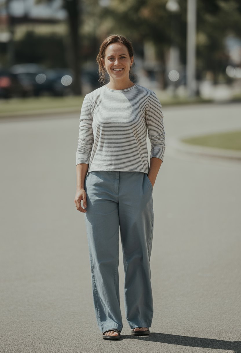 A woman standing outdoors in a park wearing a striped top and relaxed-fit pants, looking relaxed and smiling.