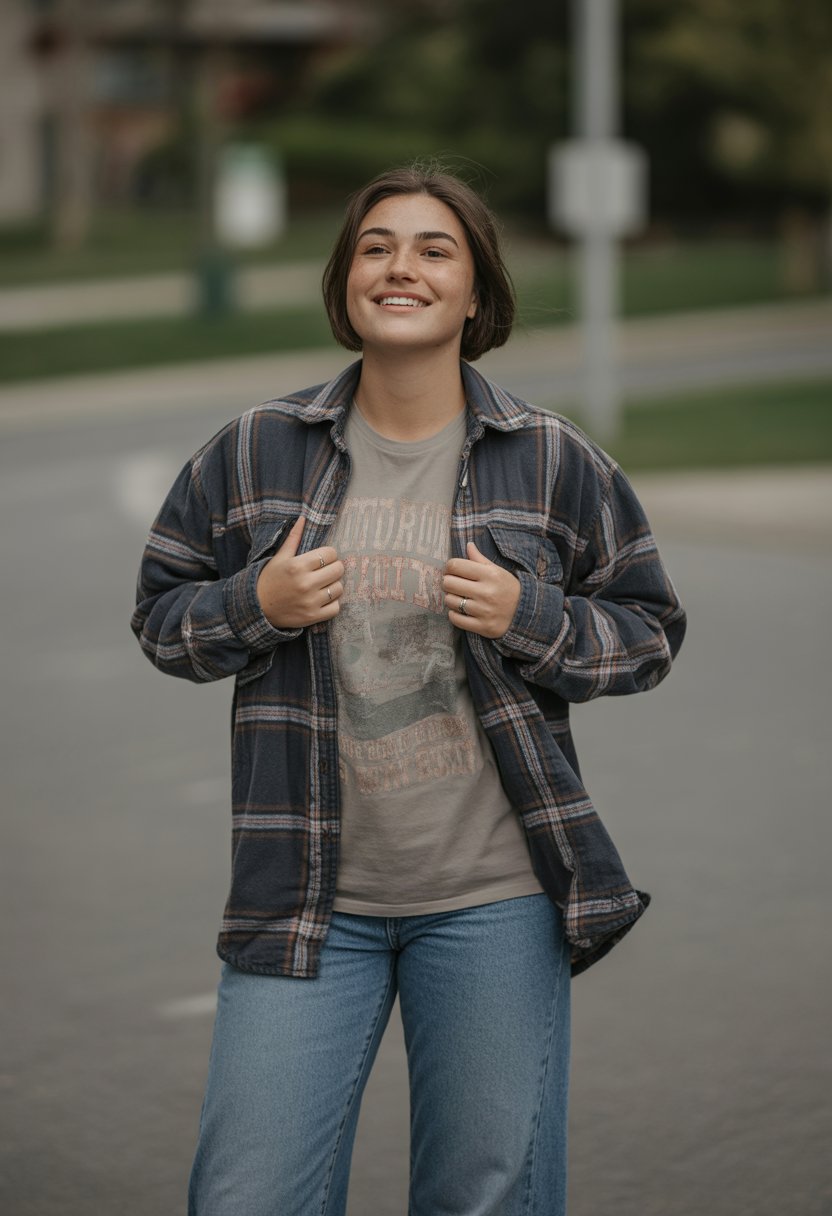 A young woman standing outdoors on a suburban street, wearing a layered shirt and jeans, looking relaxed and smiling.