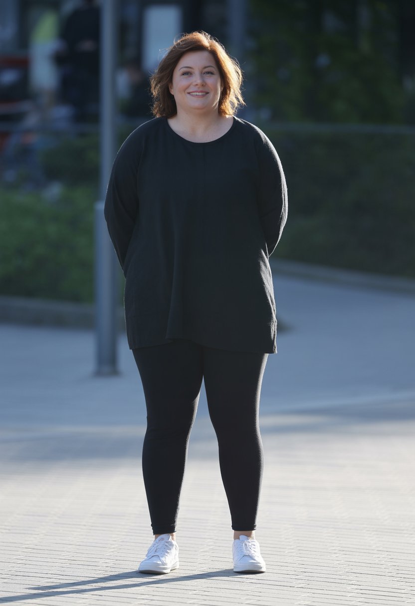 A woman standing outdoors in a park wearing black leggings, a tunic, and sneakers, smiling naturally with greenery and a path in the background.