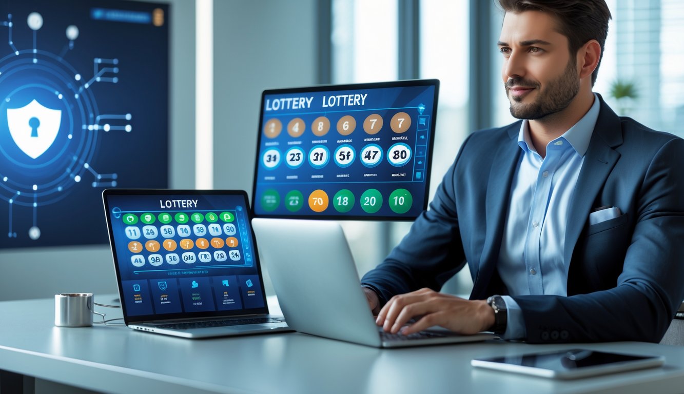 Seorang profesional duduk di meja dengan perangkat digital menampilkan angka lotere di kantor modern yang menunjukkan suasana aman dan terpercaya.