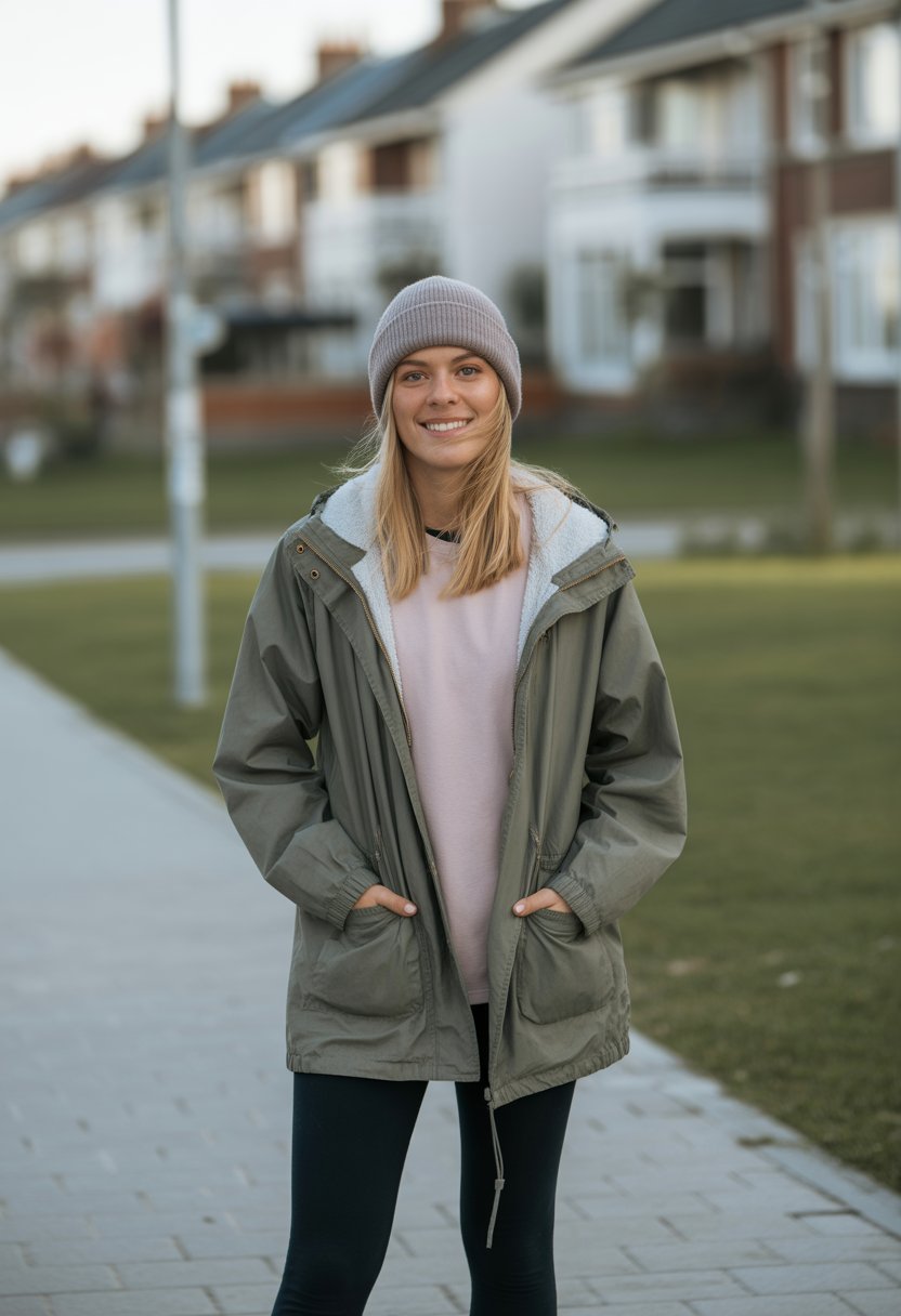 A young woman standing outdoors on a sidewalk wearing a parka, leggings, and a beanie, looking relaxed and smiling.