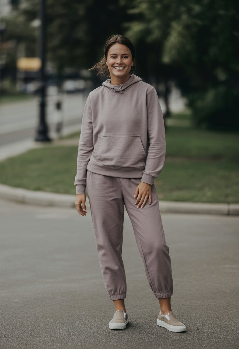 A young woman standing outdoors wearing a pullover, joggers, and slip-on sneakers, smiling and looking relaxed.