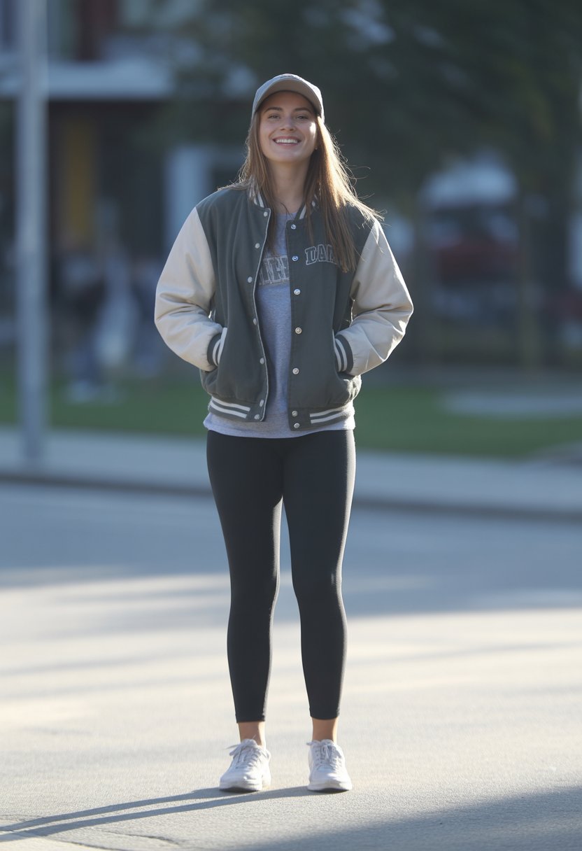 A young woman standing outdoors wearing a varsity jacket, black leggings, and a baseball cap.