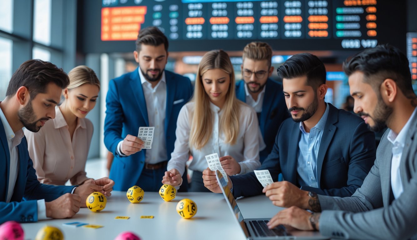 Beberapa orang memeriksa tiket lotere dan berdiskusi di ruang modern dengan papan angka digital di latar belakang.