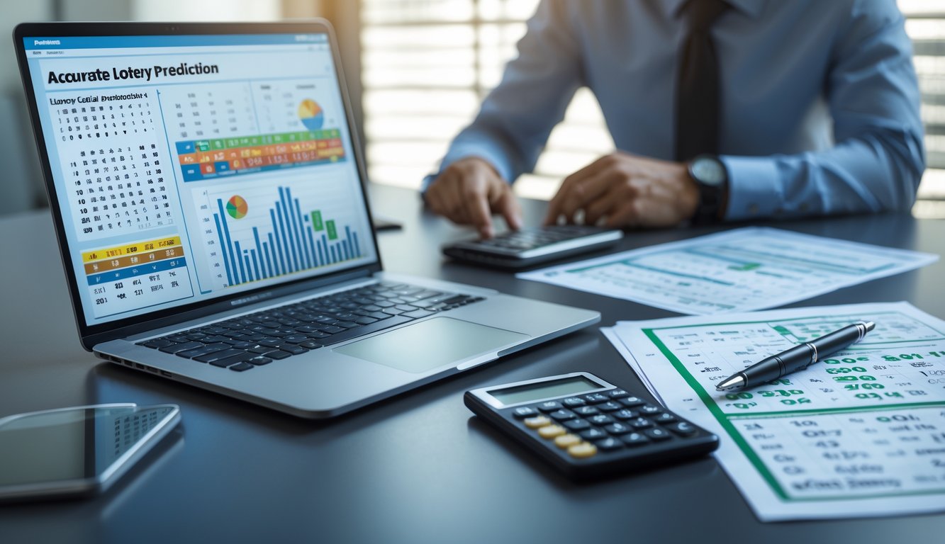 Sebuah meja kerja modern dengan laptop yang menampilkan grafik dan angka, serta alat tulis dan kalkulator, dengan seseorang yang sedang menganalisis data di latar belakang.