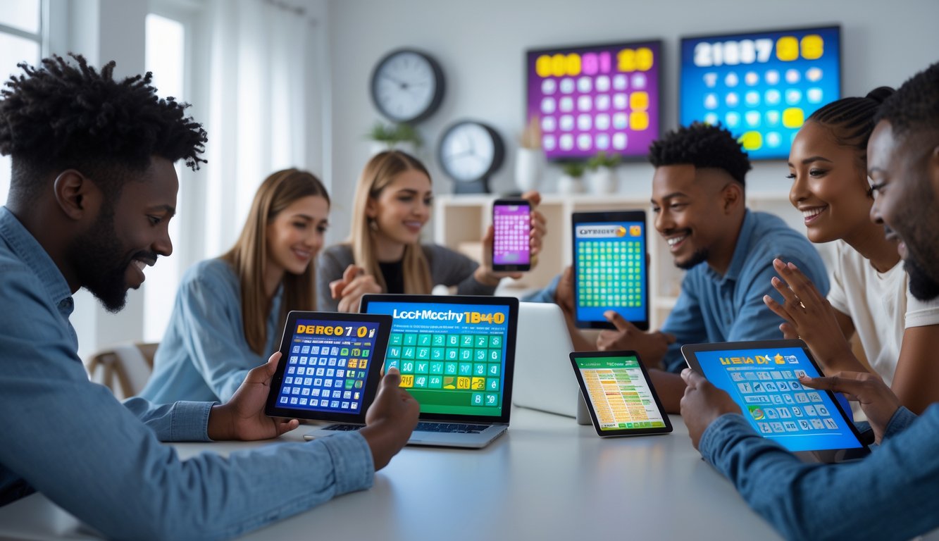 Beberapa orang menggunakan perangkat elektronik untuk bermain togel online di ruangan modern dengan pencahayaan alami.