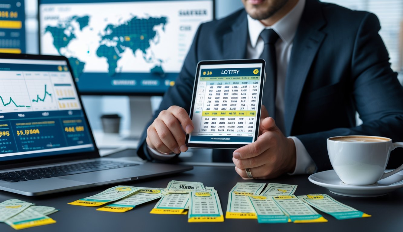 Seorang profesional sedang memeriksa tiket lotere di kantor modern dengan peralatan teknologi di meja.