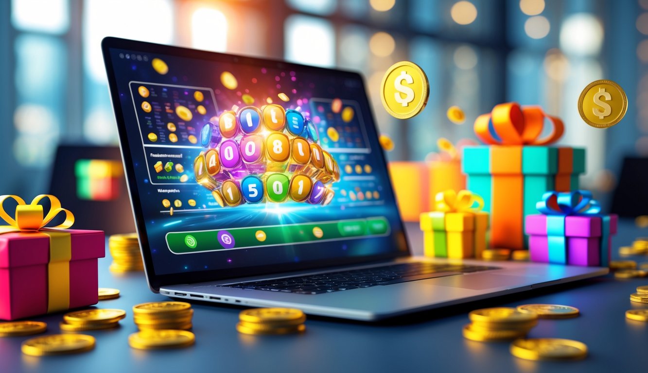 Meja kerja modern dengan laptop menampilkan antarmuka lotre online, dikelilingi koin emas dan kotak hadiah berwarna cerah.