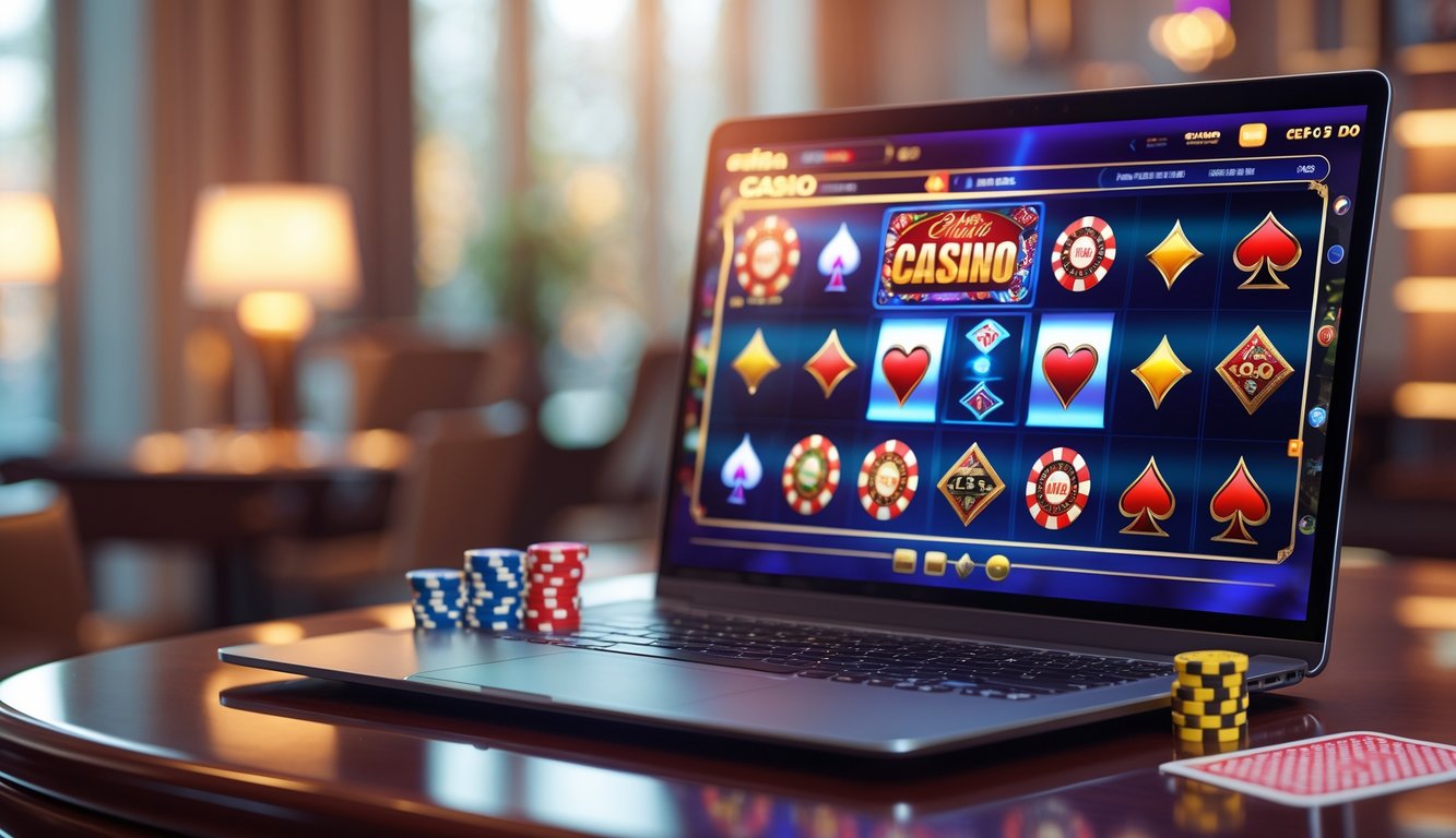 Sebuah laptop menampilkan permainan kasino online dengan kartu remi dan chip poker di meja kayu yang rapi.