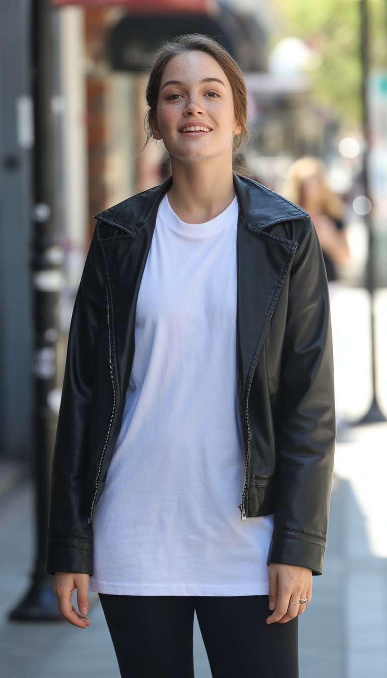 A young woman standing outdoors in a leather jacket and white t-shirt, shown head to toe in a casual setting.
