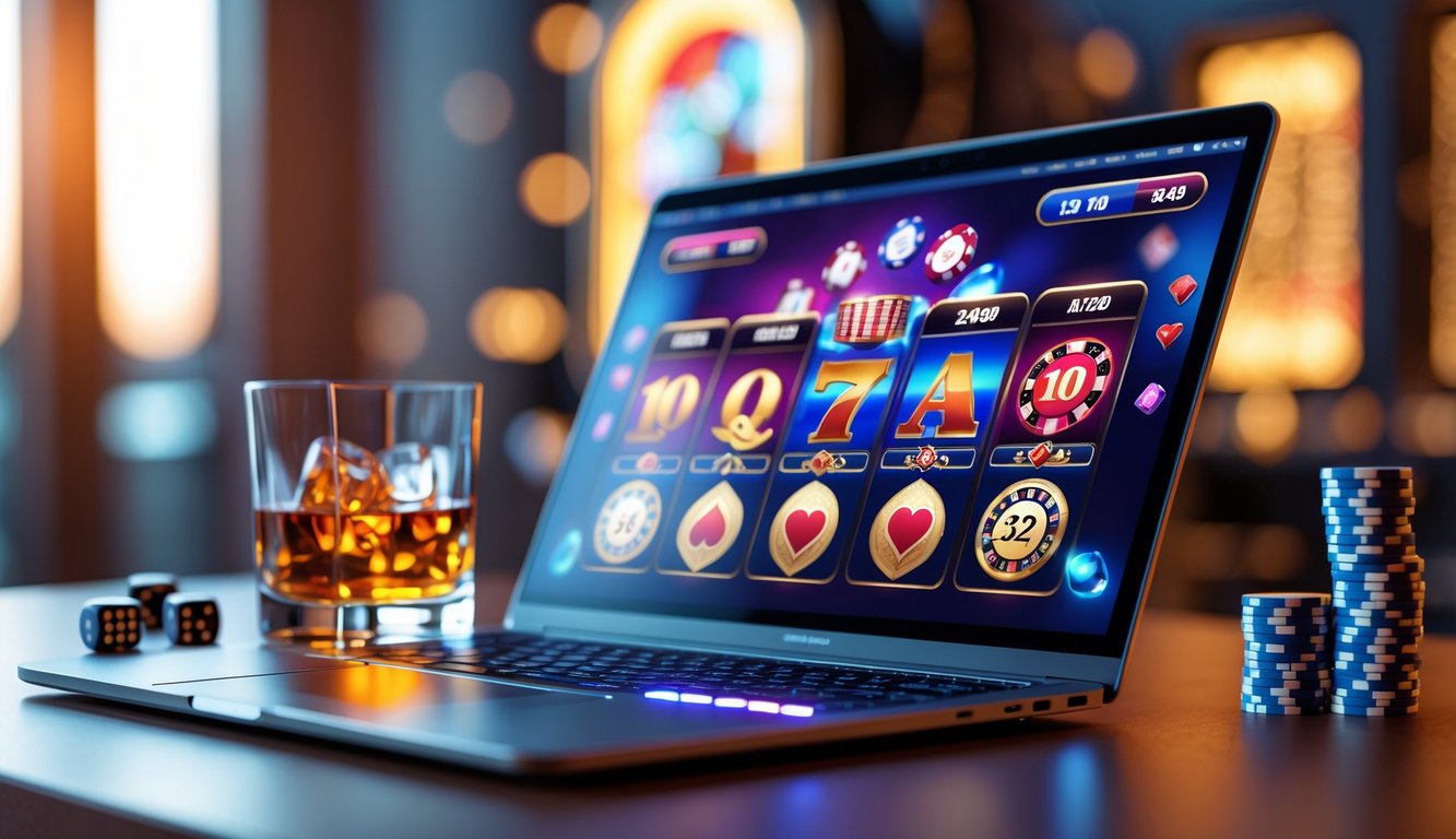 Seorang pengguna sedang bermain permainan kasino online di komputer dengan latar belakang yang hangat dan elemen kasino seperti dadu dan chip poker di sekitarnya.